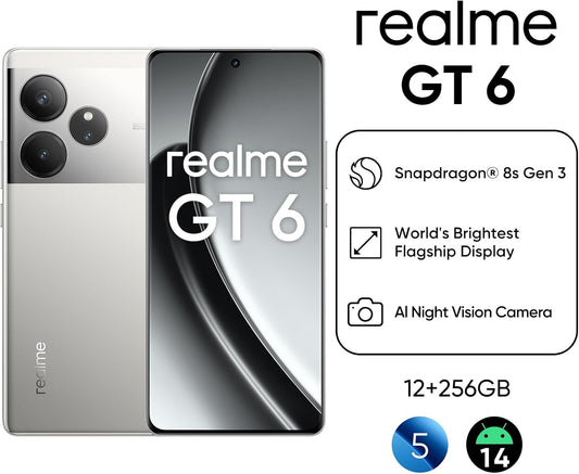 realme GT6 Smartphone, 5G Cellphone 12+256GB, Snapdragon 8s Gen 3, 6000nit Ultra Bright Display, 50MP+50MP+8MP Camera, Phone, Massive 5500mAh Battery, Fluid Silver, With Adapter