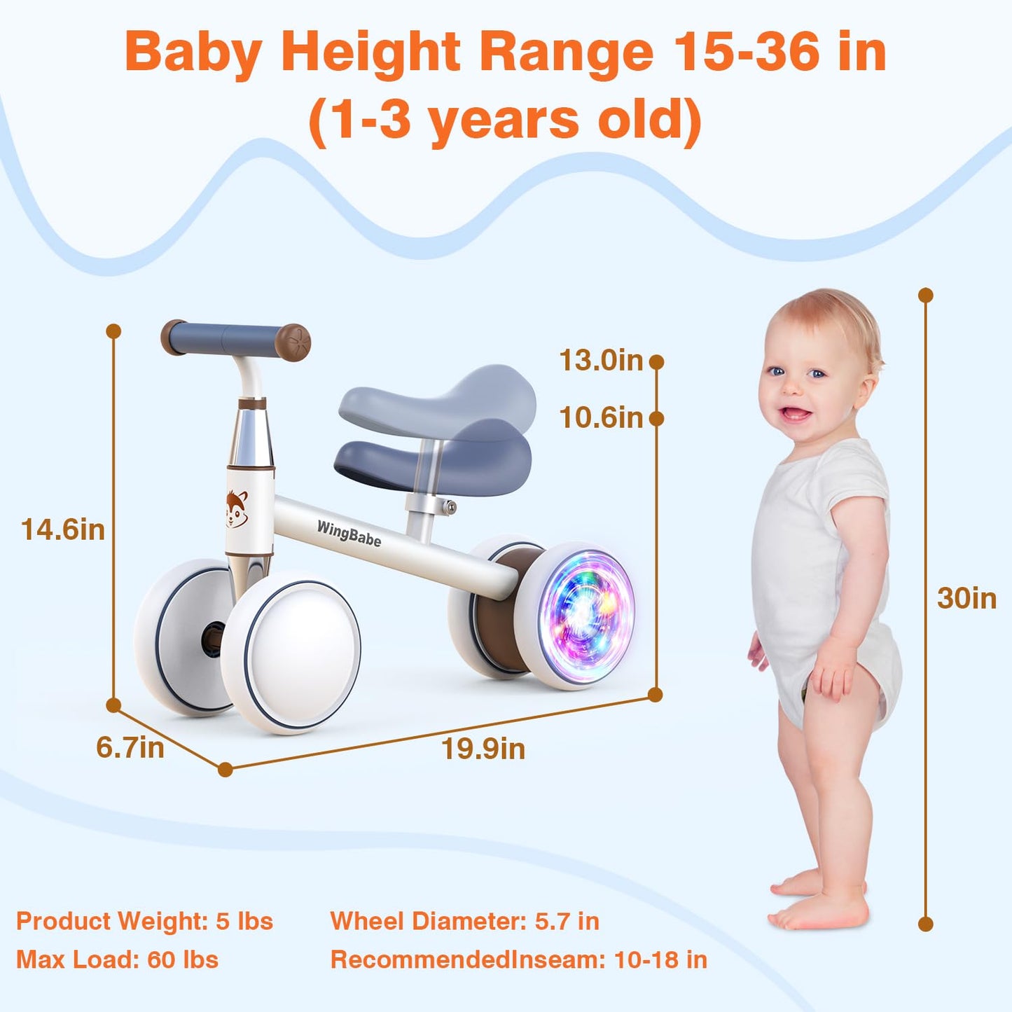WINGBABE Baby Balance Bike for 1-2 Years Old Boys Girls,Toddler Balance Bike Ride on Toys for 10-24 Months Baby with Adjustable Seat, First bike for 1-2 Year Old Gifts