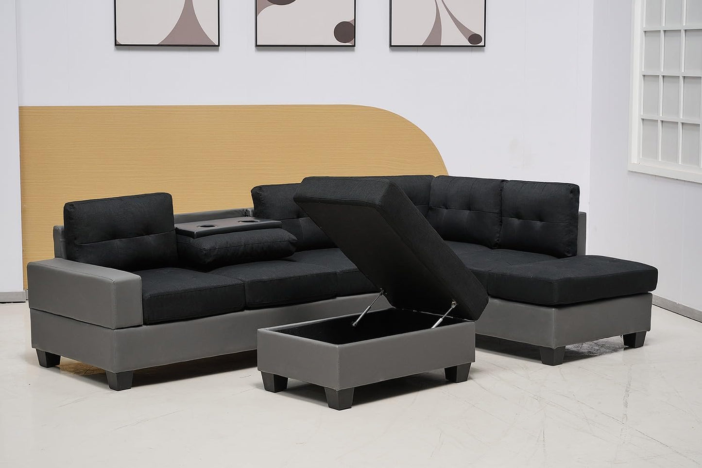 Western Grey Fabric Corner Sofa suite With Drop Down Cup Holder And Ottoman for livingrooms -Cheap sofas & couches-3020 (Grey Fabric, Right Hand Side)