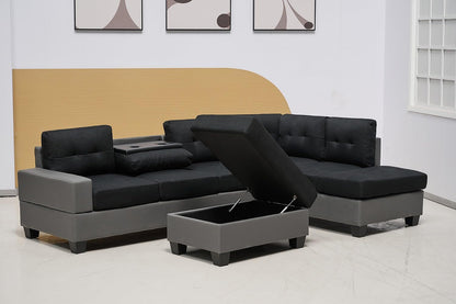 Western Grey Fabric Corner Sofa suite With Drop Down Cup Holder And Ottoman for livingrooms -Cheap sofas & couches-3020 (Grey Fabric, Right Hand Side)