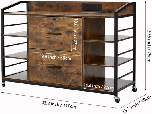 Mobile Filing Cabinet with 2 Drawers, Wood Rolling File Cabinet with Lock& Power Strip&6 Storage Shelves, Metal Document Storage Cabinet with Wheels for Home Office Furniture, Rustic Brown