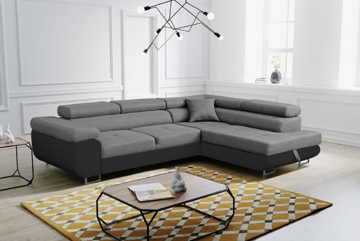 Ashbourne Sofa Bed with Storage | Corner Sofa | Double Sofa Bed | Grey or Grey & Black Fabric | Warranty Included (Left Hand Facing, Grey)