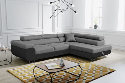 Ashbourne Sofa Bed with Storage | Corner Sofa | Double Sofa Bed | Grey or Grey & Black Fabric | Warranty Included (Left Hand Facing, Grey)