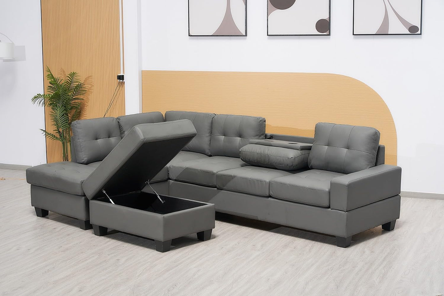 Western Grey Fabric Corner Sofa suite With Drop Down Cup Holder And Ottoman for livingrooms -Cheap sofas & couches-3020 (Grey Fabric, Right Hand Side)