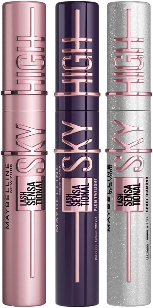 Maybelline New York Lash Sensational Sky High Mascara, Volumising & Lengthening, Washable Flake-Free Formula: Black + Plum Twilight + Space Diamond (Trio Bundle)