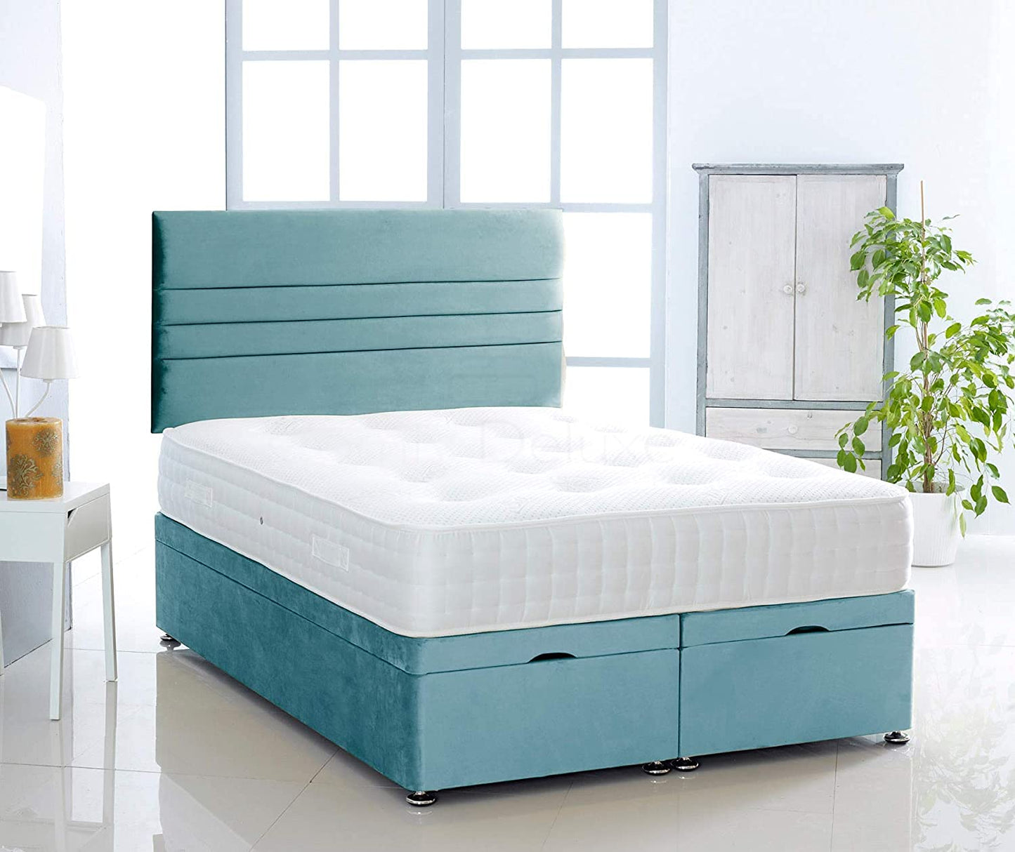 Plush Velvet Ottoman Divan Bed Foot Lift Open With 1000 Pocket Mattress And Horizontal Lined Headboard | Gas Lift Ottoman Storage Divan Bed Set (Silver, 5.0FT King Size)