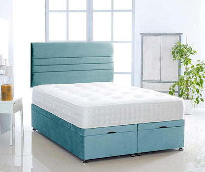 Plush Velvet Ottoman Divan Bed Foot Lift Open With 1000 Pocket Mattress And Horizontal Lined Headboard | Gas Lift Ottoman Storage Divan Bed Set (Silver, 5.0FT King Size)
