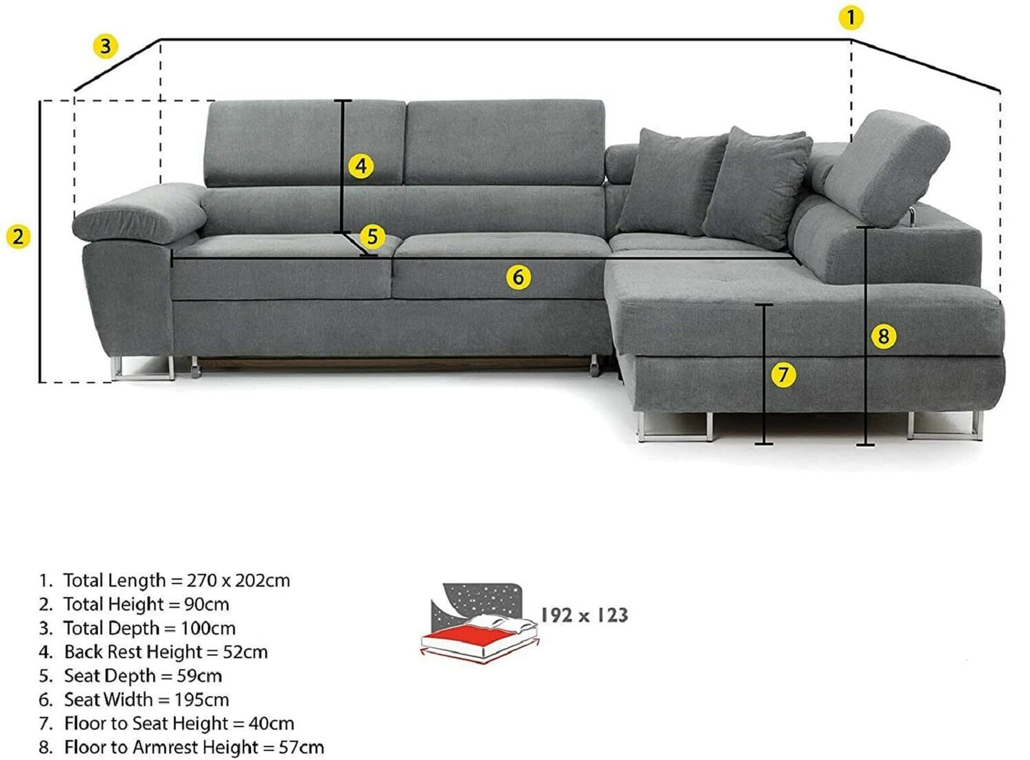 Ashbourne Sofa Bed with Storage | Corner Sofa | Double Sofa Bed | Grey or Grey & Black Fabric | Warranty Included (Left Hand Facing, Grey)