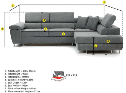 Ashbourne Sofa Bed with Storage | Corner Sofa | Double Sofa Bed | Grey or Grey & Black Fabric | Warranty Included (Left Hand Facing, Grey)