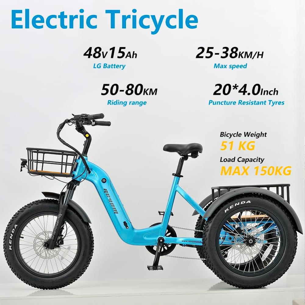REVOM Electric Trike Cargo E-bike, with 48V15Ah Lithium Battery&250W High-Speed Motor&7-Speed Shifter and 20x4.0 inch Kenda Tyre,Riding Range 50-80km,Adult Electric Tricycles for Men and Women UK.