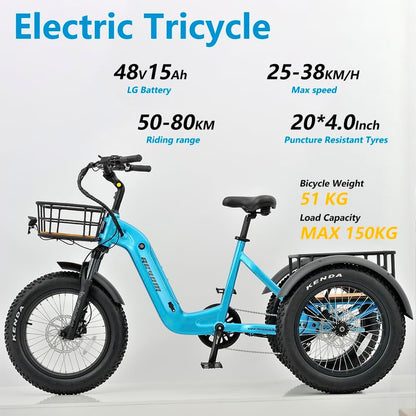 REVOM Electric Trike Cargo E-bike, with 48V15Ah Lithium Battery&250W High-Speed Motor&7-Speed Shifter and 20x4.0 inch Kenda Tyre,Riding Range 50-80km,Adult Electric Tricycles for Men and Women UK.