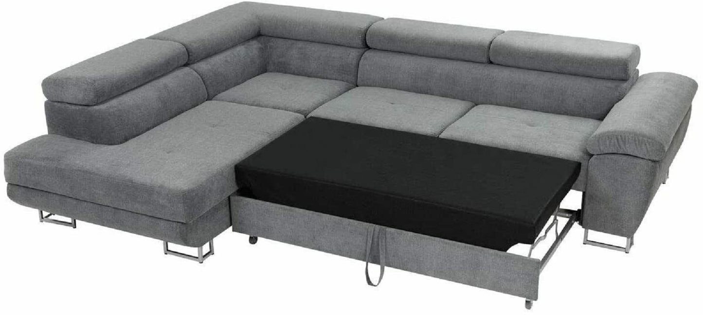 Ashbourne Sofa Bed with Storage | Corner Sofa | Double Sofa Bed | Grey or Grey & Black Fabric | Warranty Included (Left Hand Facing, Grey)