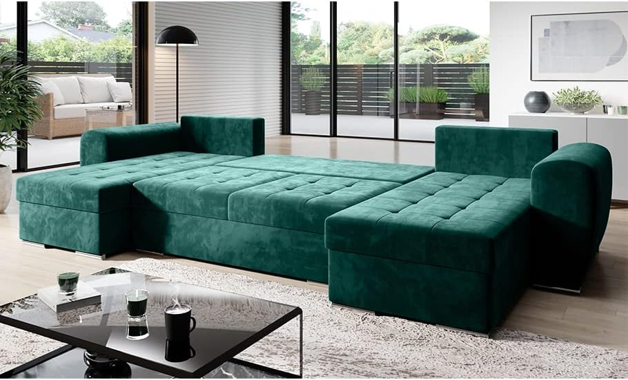 Moderno Bari Living Room Sofa with Sleep Function, Couch, U-Shaped Sofa Bed with Bed Box, Corner Sofa Bed, Modern Living Room Furniture, Corner Couch, Velour Fabric, Quilted Sofa, Grey