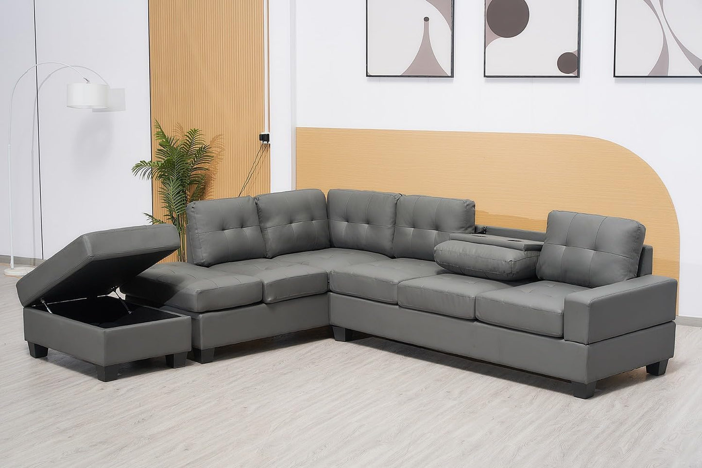 Western Grey Fabric Corner Sofa suite With Drop Down Cup Holder And Ottoman for livingrooms -Cheap sofas & couches-3020 (Grey Fabric, Right Hand Side)