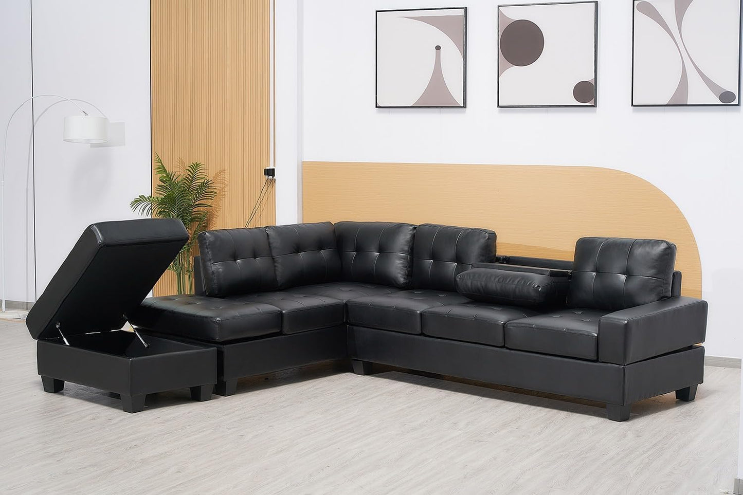 Western Grey Fabric Corner Sofa suite With Drop Down Cup Holder And Ottoman for livingrooms -Cheap sofas & couches-3020 (Grey Fabric, Right Hand Side)