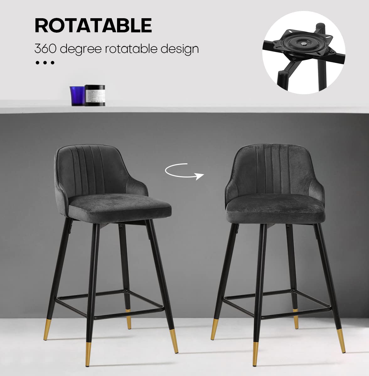 Bekrvio Upgraded Velvet Bar Stools Set of 2 – 360° Swivel Bar Chairs with Back & Footrest, Modern Kitchen Island Breakfast Stools, Support 150kg – New Version, Black