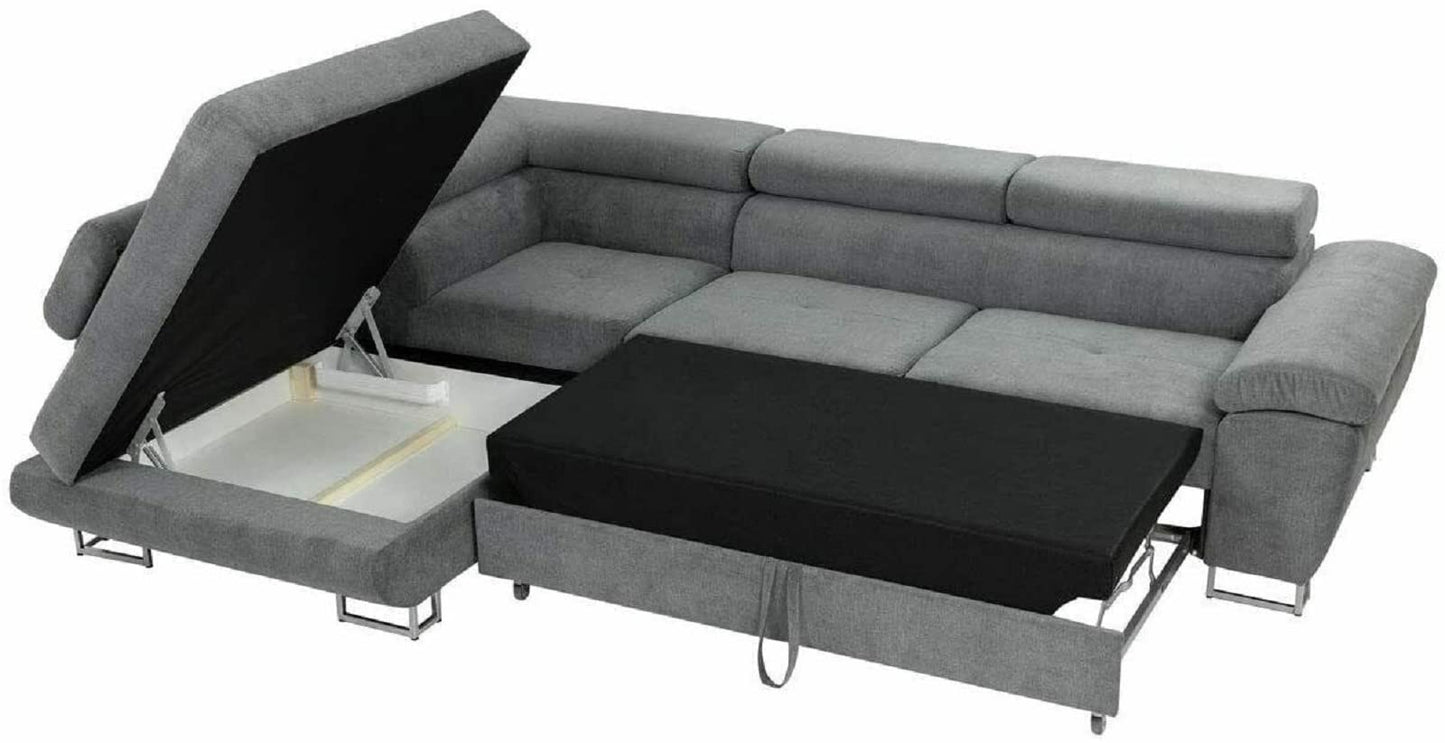 Ashbourne Sofa Bed with Storage | Corner Sofa | Double Sofa Bed | Grey or Grey & Black Fabric | Warranty Included (Left Hand Facing, Grey)