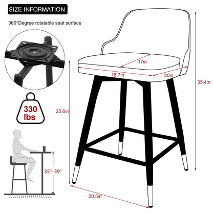 Bekrvio Upgraded Velvet Bar Stools Set of 2 – 360° Swivel Bar Chairs with Back & Footrest, Modern Kitchen Island Breakfast Stools, Support 150kg – New Version, Black