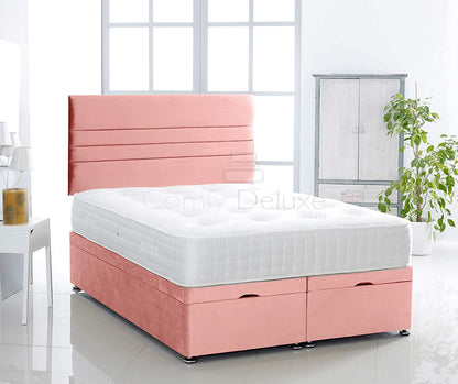 Plush Velvet Ottoman Divan Bed Foot Lift Open With 1000 Pocket Mattress And Horizontal Lined Headboard | Gas Lift Ottoman Storage Divan Bed Set (Silver, 5.0FT King Size)