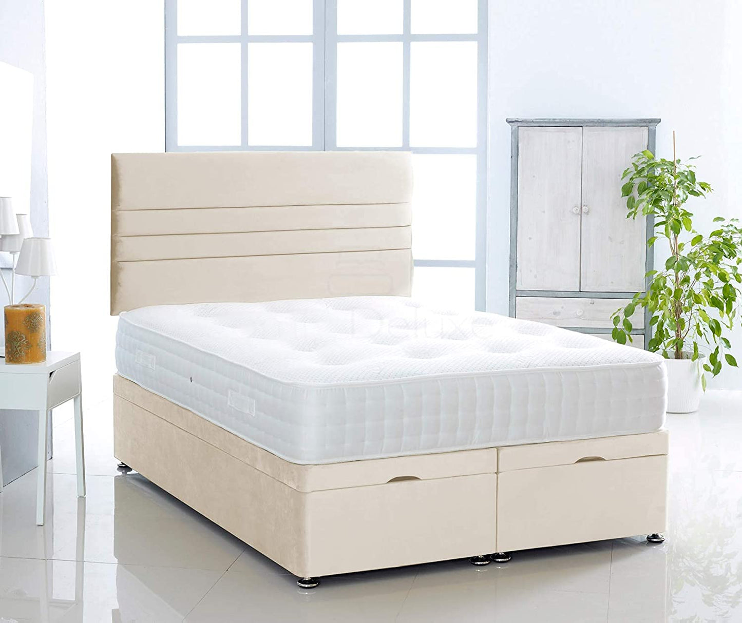 Plush Velvet Ottoman Divan Bed Foot Lift Open With 1000 Pocket Mattress And Horizontal Lined Headboard | Gas Lift Ottoman Storage Divan Bed Set (Silver, 5.0FT King Size)