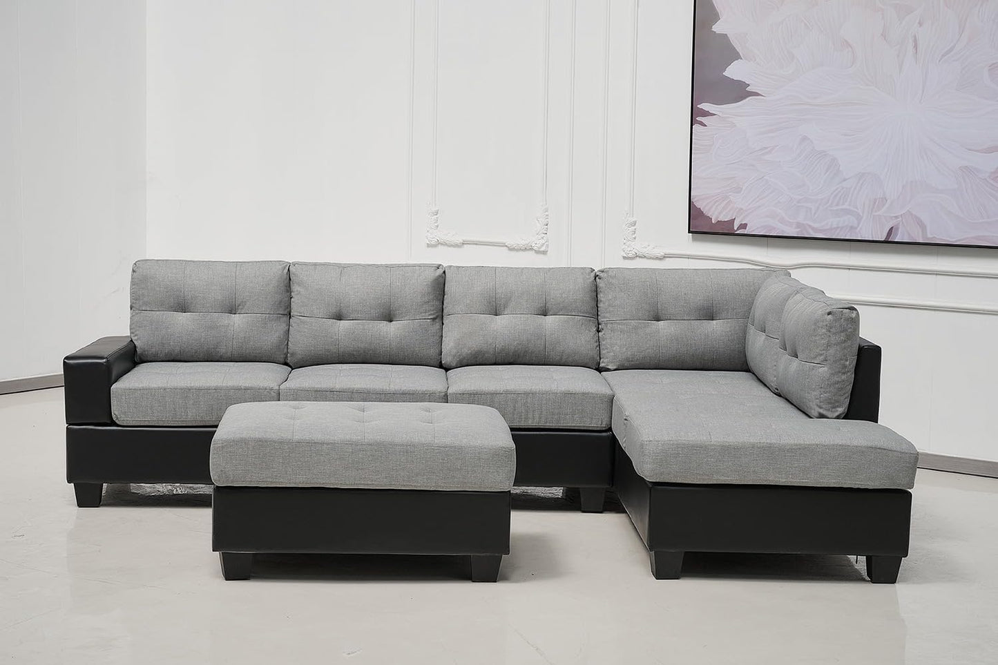 Western Grey Fabric Corner Sofa suite With Drop Down Cup Holder And Ottoman for livingrooms -Cheap sofas & couches-3020 (Grey Fabric, Right Hand Side)