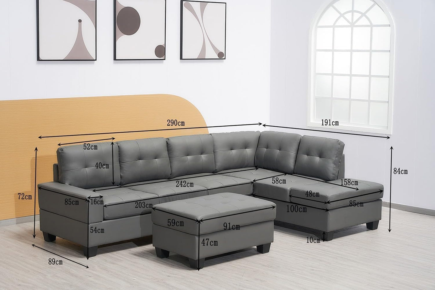 Western Grey Fabric Corner Sofa suite With Drop Down Cup Holder And Ottoman for livingrooms -Cheap sofas & couches-3020 (Grey Fabric, Right Hand Side)