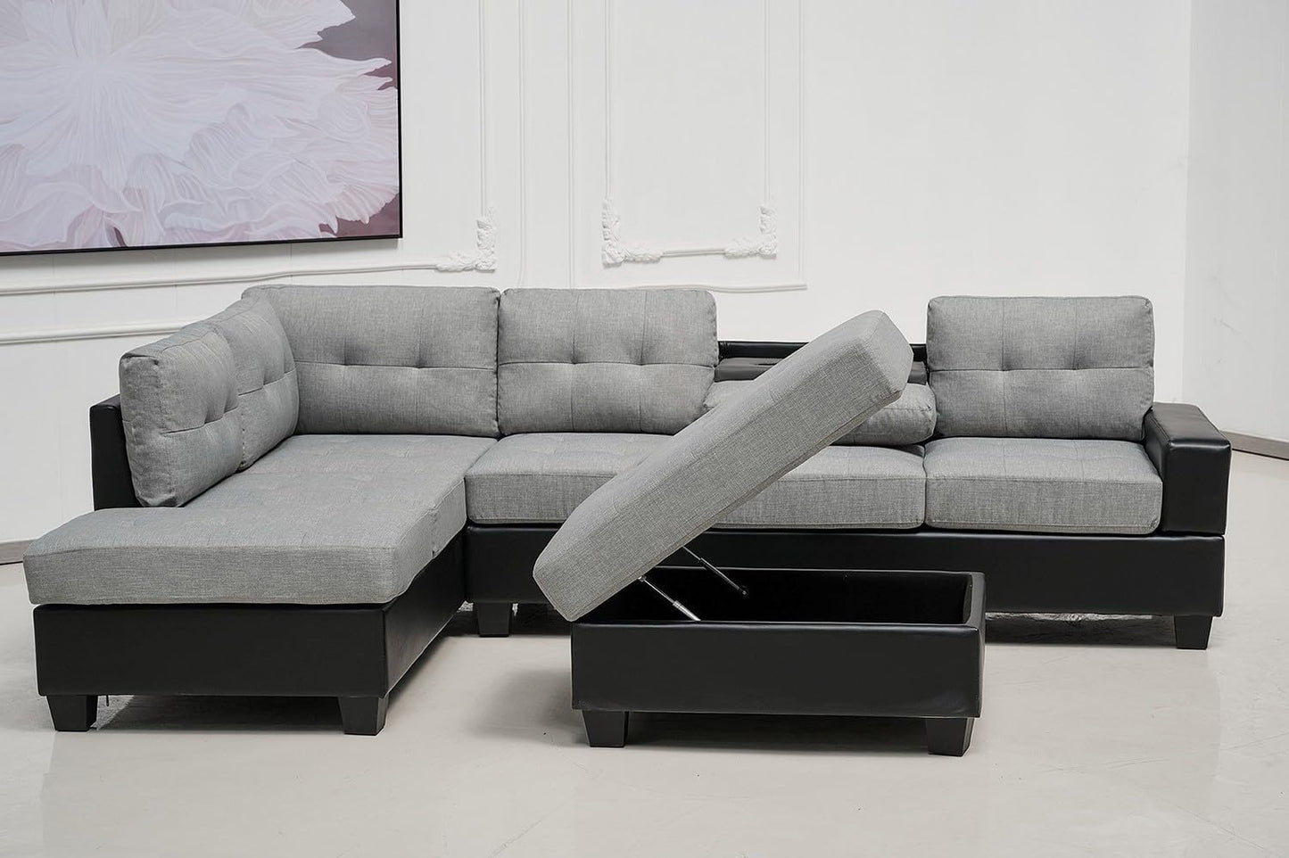 Western Grey Fabric Corner Sofa suite With Drop Down Cup Holder And Ottoman for livingrooms -Cheap sofas & couches-3020 (Grey Fabric, Right Hand Side)