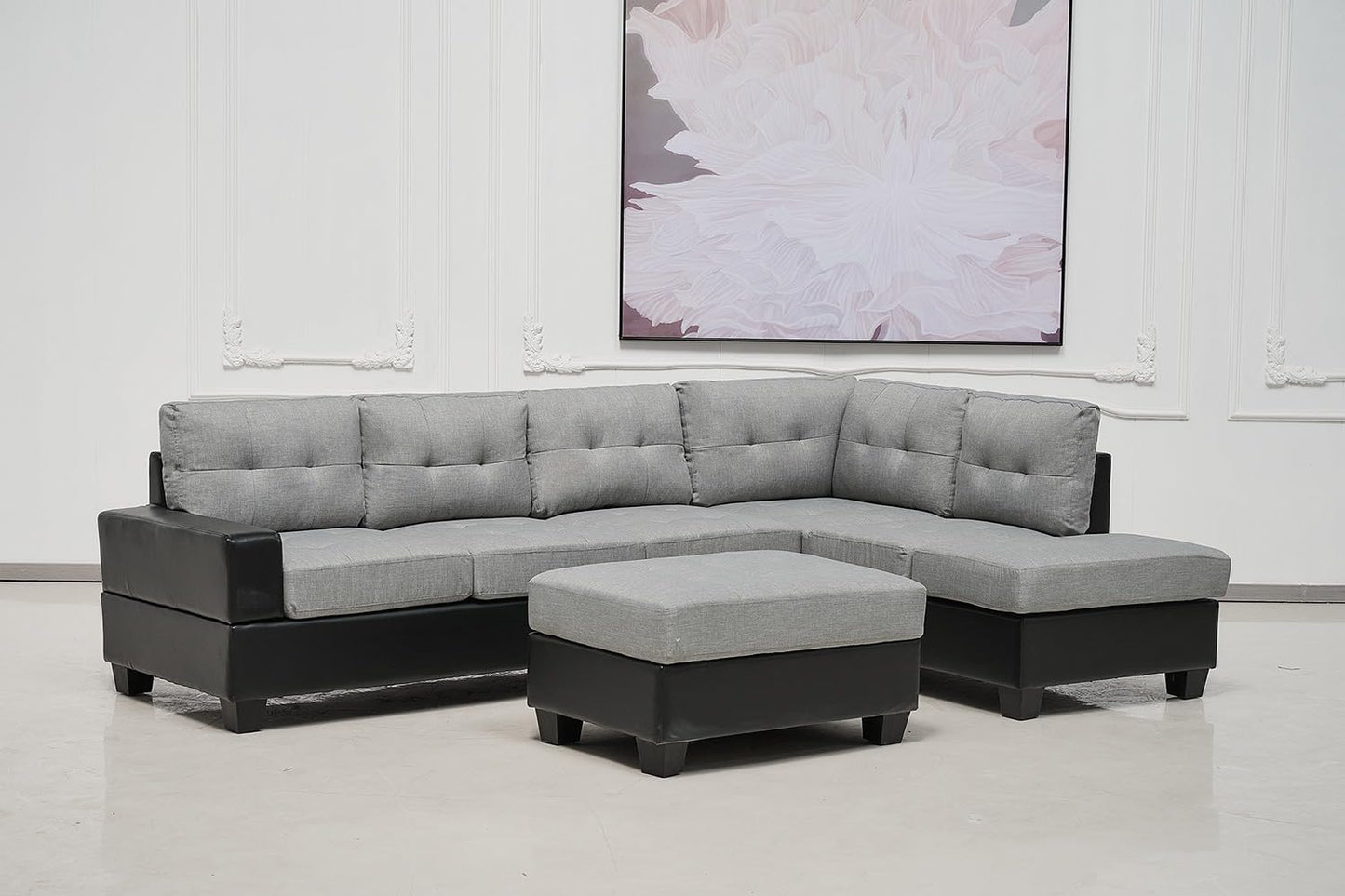 Western Grey Fabric Corner Sofa suite With Drop Down Cup Holder And Ottoman for livingrooms -Cheap sofas & couches-3020 (Grey Fabric, Right Hand Side)