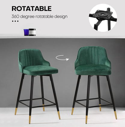 Bekrvio Upgraded Velvet Bar Stools Set of 2 – 360° Swivel Bar Chairs with Back & Footrest, Modern Kitchen Island Breakfast Stools, Support 150kg – New Version, Black