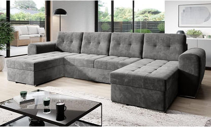 Moderno Bari Living Room Sofa with Sleep Function, Couch, U-Shaped Sofa Bed with Bed Box, Corner Sofa Bed, Modern Living Room Furniture, Corner Couch, Velour Fabric, Quilted Sofa, Grey