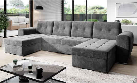 Moderno Bari Living Room Sofa with Sleep Function, Couch, U-Shaped Sofa Bed with Bed Box, Corner Sofa Bed, Modern Living Room Furniture, Corner Couch, Velour Fabric, Quilted Sofa, Grey