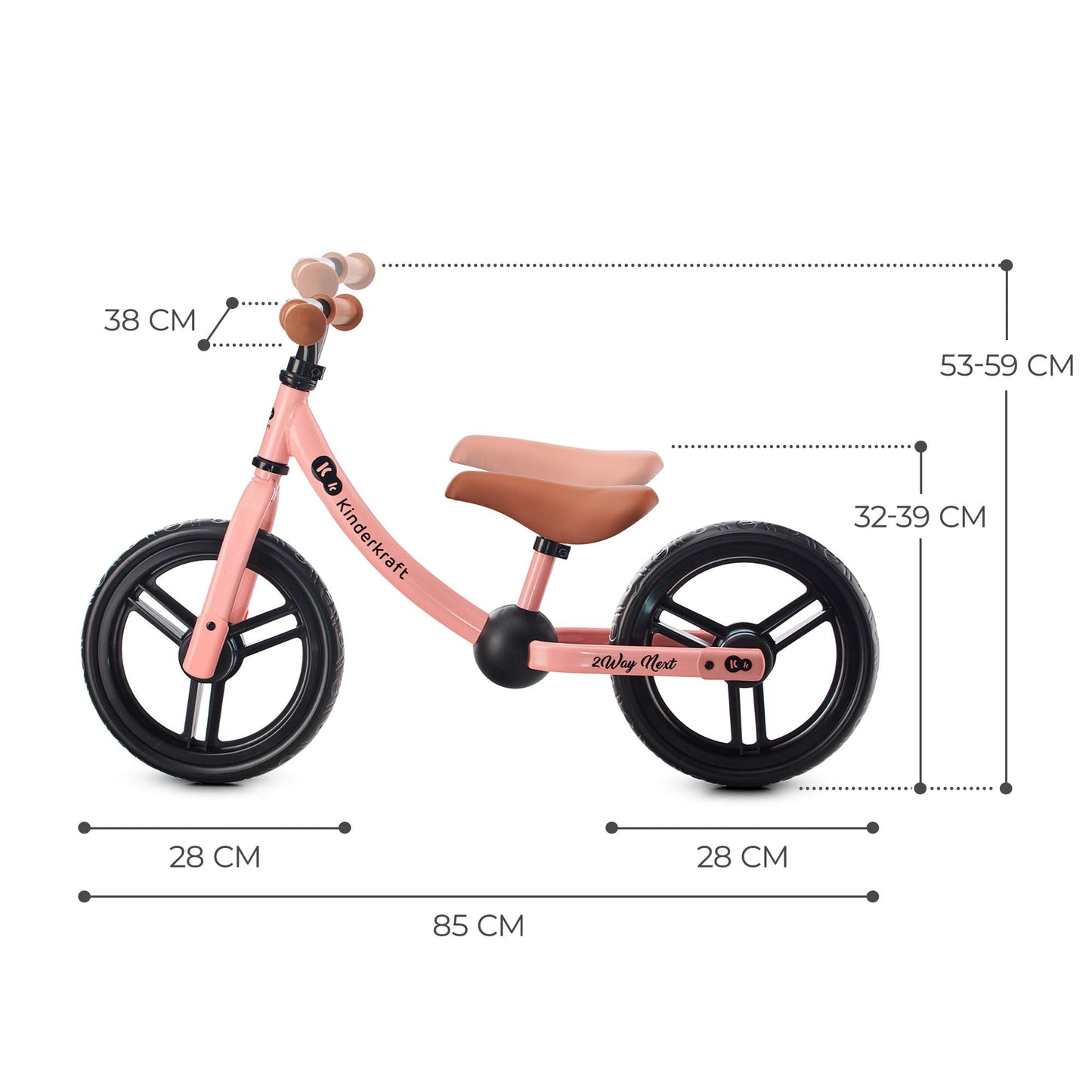Kinderkraft 2WAY Next Balance Bike, Kids First Bicycle, No Pedals, 12 inches Wheels, with Ajustable Seat, Accessories, Bag, Bell, for Toddlers, from 2 Years Old to 35 kg, Pink