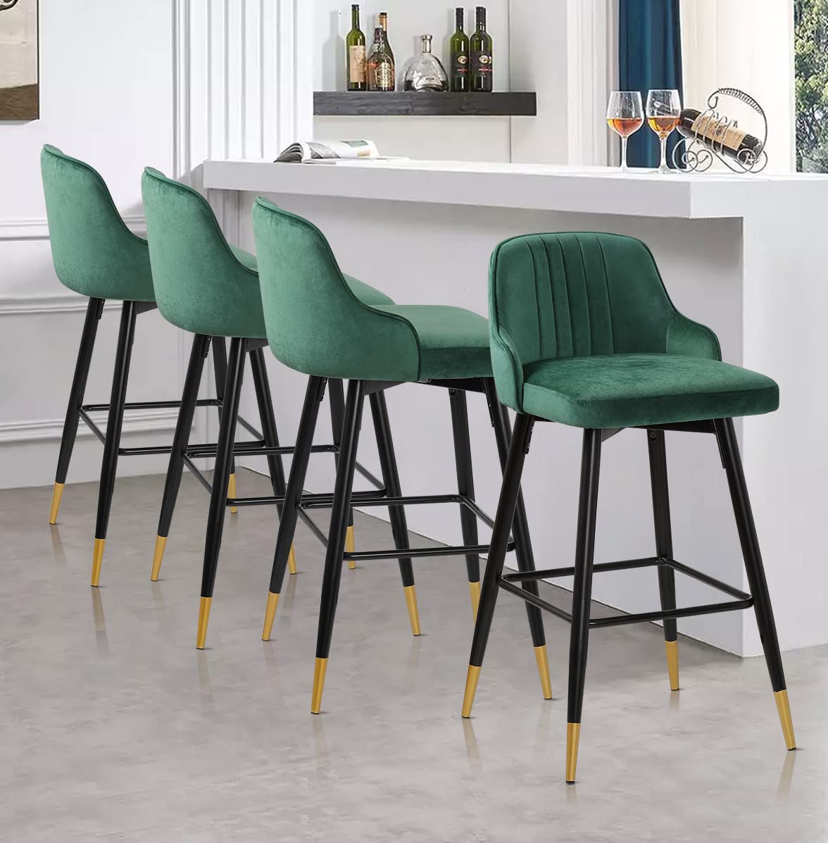 Bekrvio Upgraded Velvet Bar Stools Set of 2 – 360° Swivel Bar Chairs with Back & Footrest, Modern Kitchen Island Breakfast Stools, Support 150kg – New Version, Black