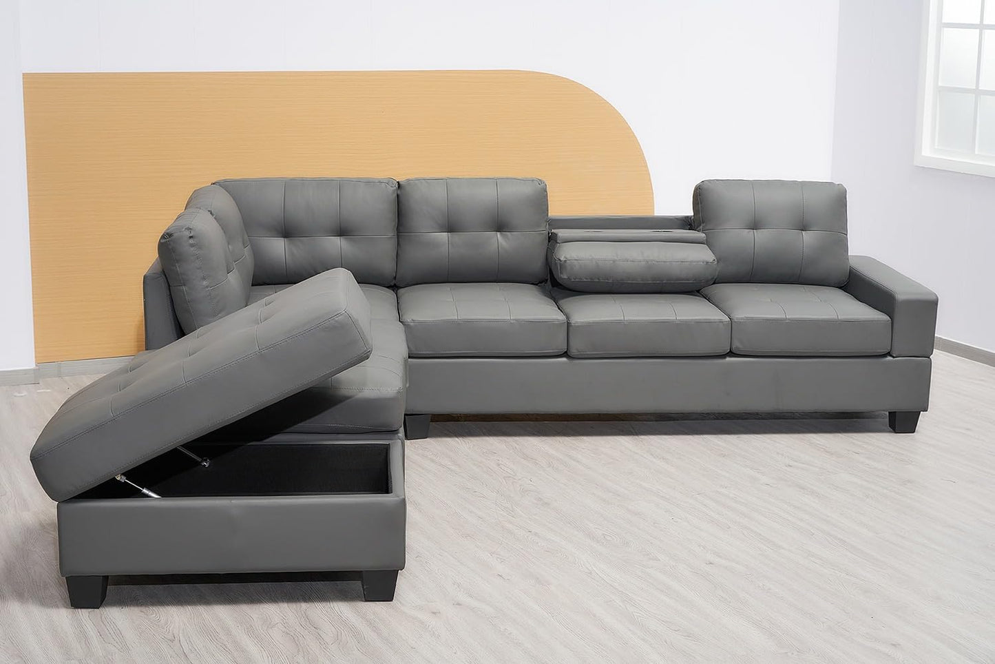 Western Grey Fabric Corner Sofa suite With Drop Down Cup Holder And Ottoman for livingrooms -Cheap sofas & couches-3020 (Grey Fabric, Right Hand Side)