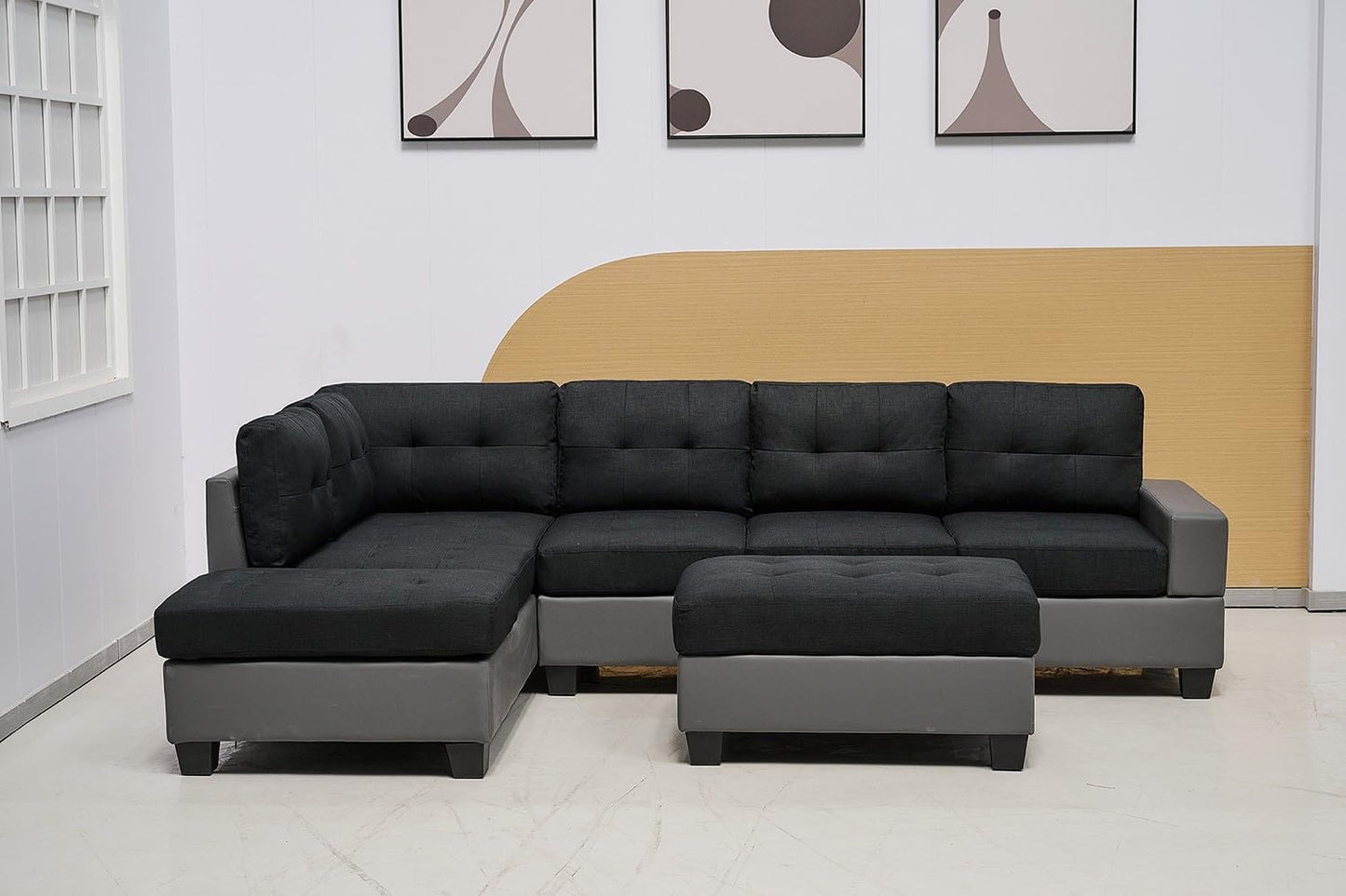Western Grey Fabric Corner Sofa suite With Drop Down Cup Holder And Ottoman for livingrooms -Cheap sofas & couches-3020 (Grey Fabric, Right Hand Side)