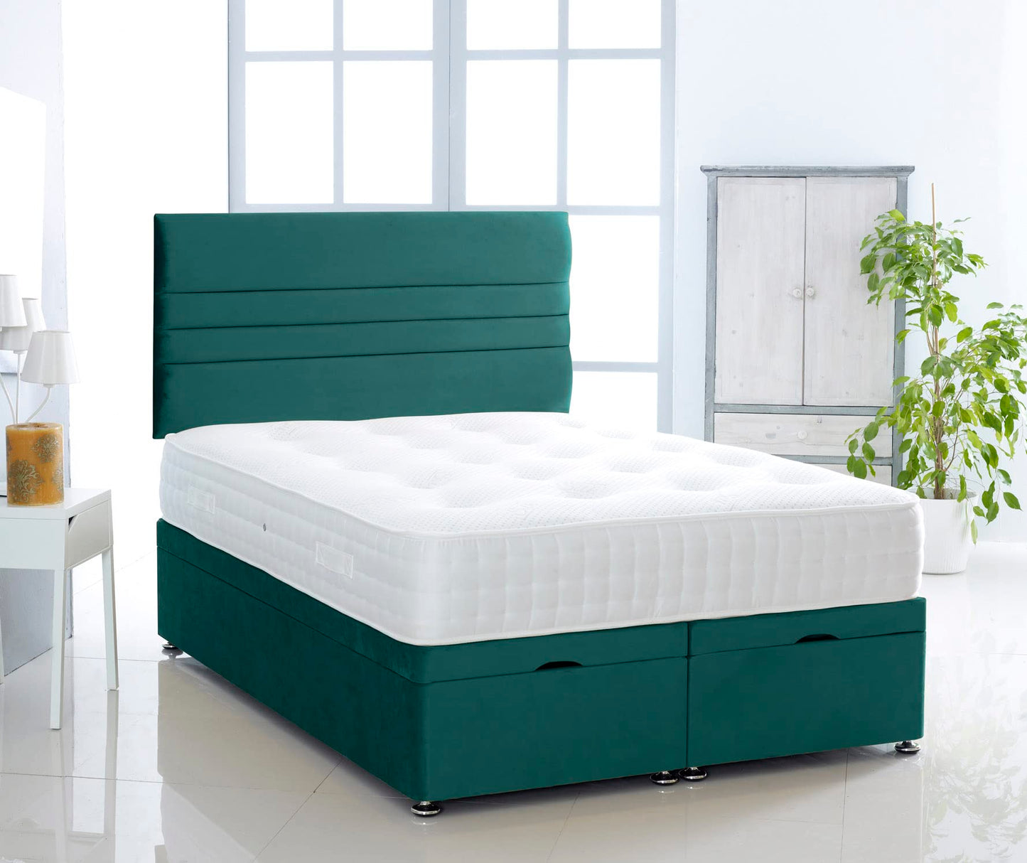 Plush Velvet Ottoman Divan Bed Foot Lift Open With 1000 Pocket Mattress And Horizontal Lined Headboard | Gas Lift Ottoman Storage Divan Bed Set (Silver, 5.0FT King Size)