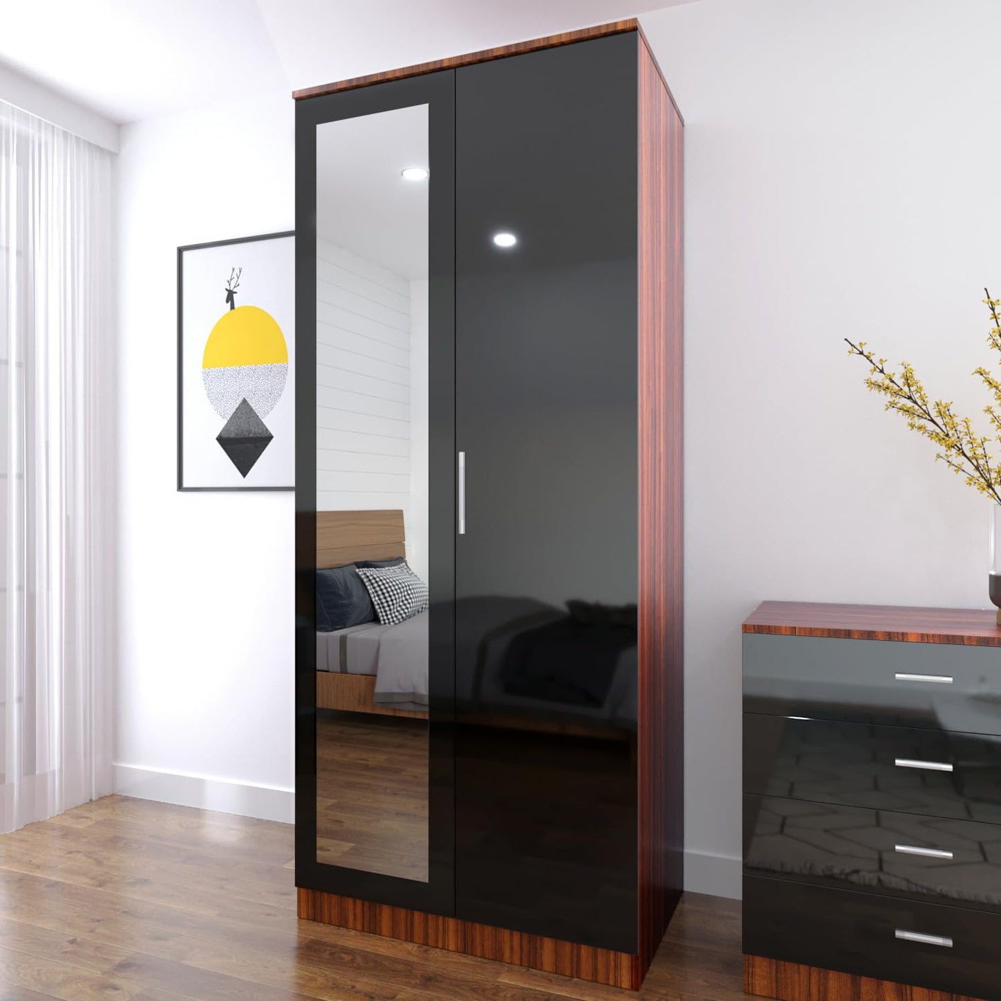 ELEGANT 3 Pieces Bedroom Furniture Sets High Gloss Soft Close Wardrobe with Mirror + 4 Storage Drawer Chest of Drawers Bedside Cabinet, Black and Set