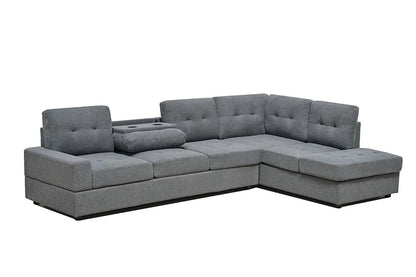 Western Grey Fabric Corner Sofa suite With Drop Down Cup Holder And Ottoman for livingrooms -Cheap sofas & couches-3020 (Grey Fabric, Right Hand Side)