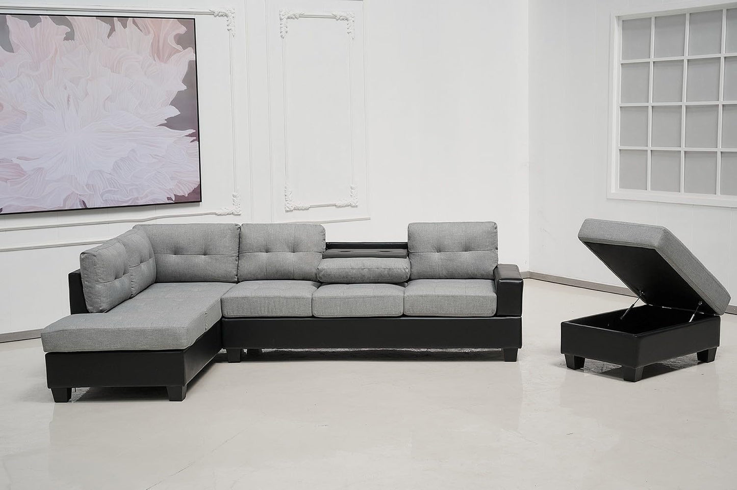 Western Grey Fabric Corner Sofa suite With Drop Down Cup Holder And Ottoman for livingrooms -Cheap sofas & couches-3020 (Grey Fabric, Right Hand Side)