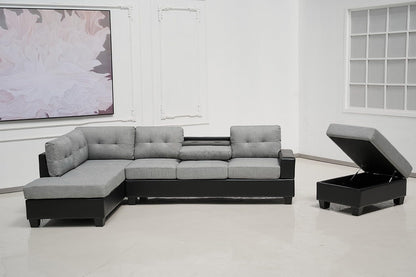 Western Grey Fabric Corner Sofa suite With Drop Down Cup Holder And Ottoman for livingrooms -Cheap sofas & couches-3020 (Grey Fabric, Right Hand Side)