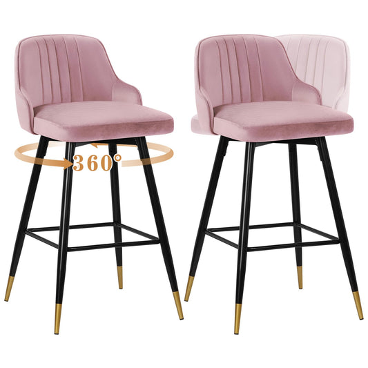 Bekrvio Upgraded Velvet Bar Stools Set of 2 – 360° Swivel Bar Chairs with Back & Footrest, Modern Kitchen Island Breakfast Stools, Support 150kg – New Version, Black