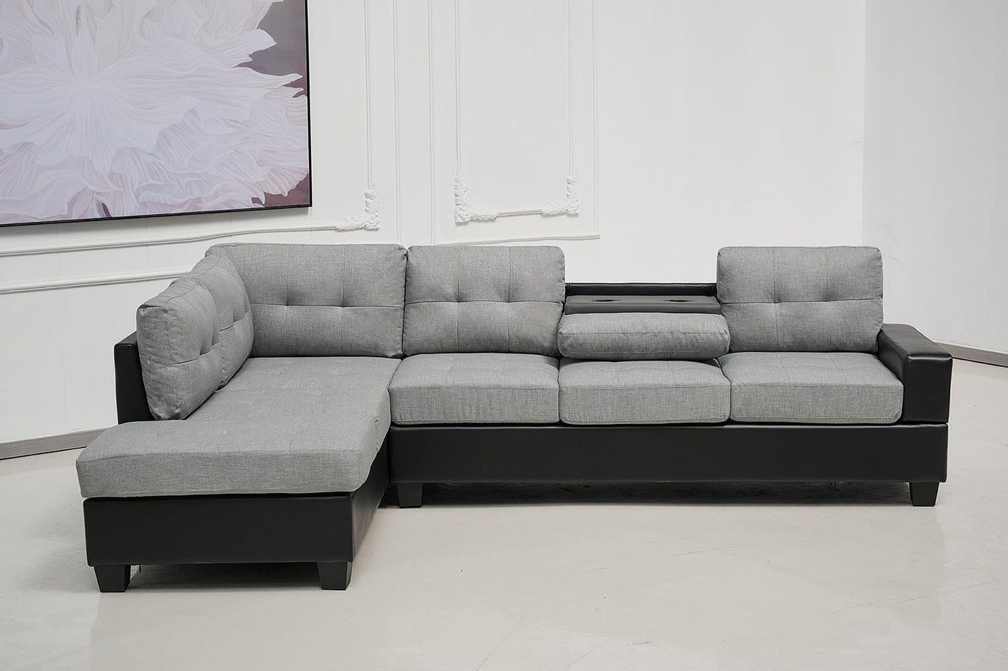Western Grey Fabric Corner Sofa suite With Drop Down Cup Holder And Ottoman for livingrooms -Cheap sofas & couches-3020 (Grey Fabric, Right Hand Side)