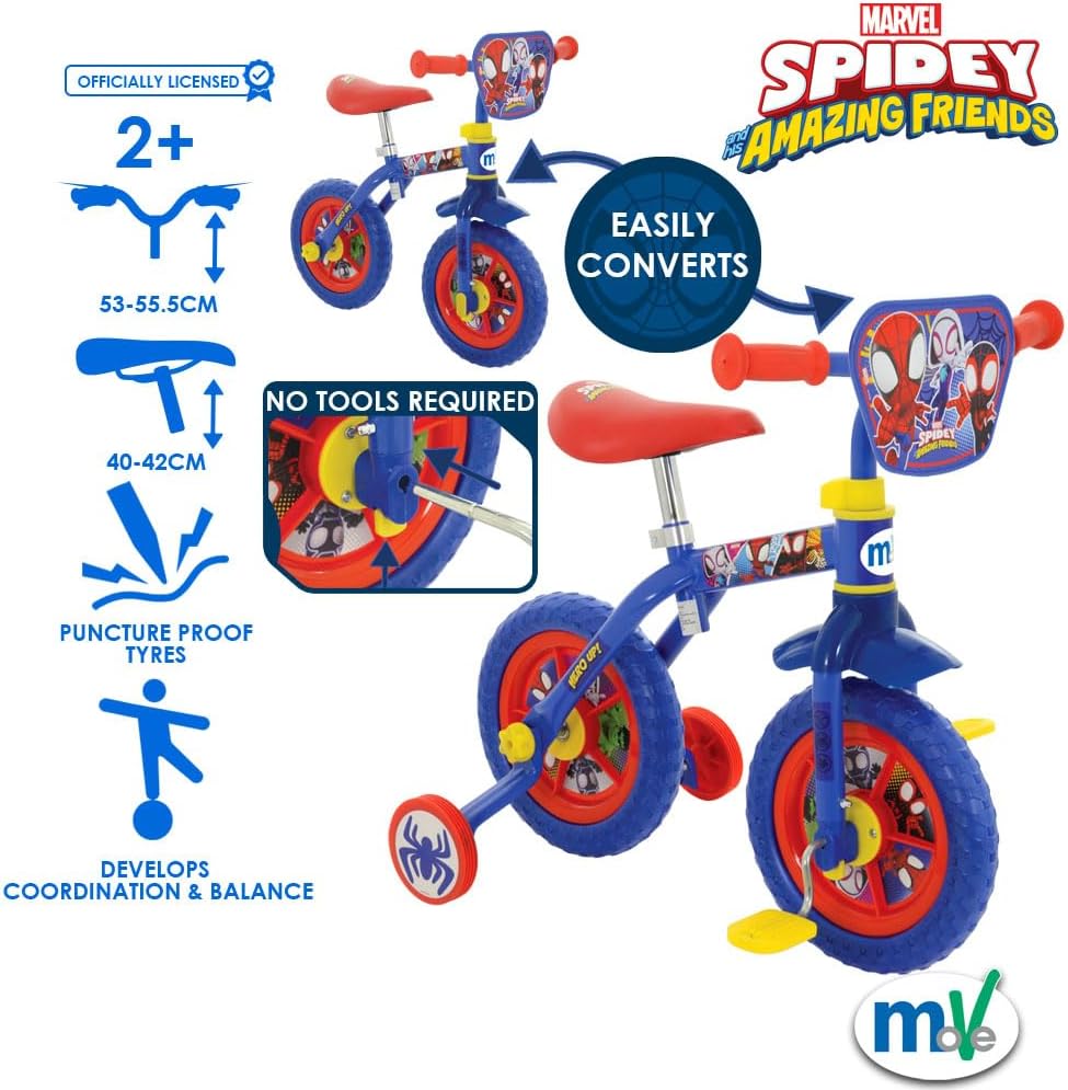 Spidey & His Amazing Friends 2-In-1 Training Toddler Bike - Convertible Training and Balance Bike for 2+ Years Girls & Boys with Removable Pedals and Stabilisers - Adjustable 10 Inches Bikes for Kids