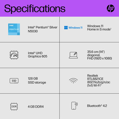 HP 14" Laptop, Intel Core i3-1215U Processor, 8 GB RAM, 256 GB SSD, Intel UHD Graphics, FHD Display, Up to 8hrs battery, Win 11, Dual Speakers, Natural Silver, 14s-dq5003sa