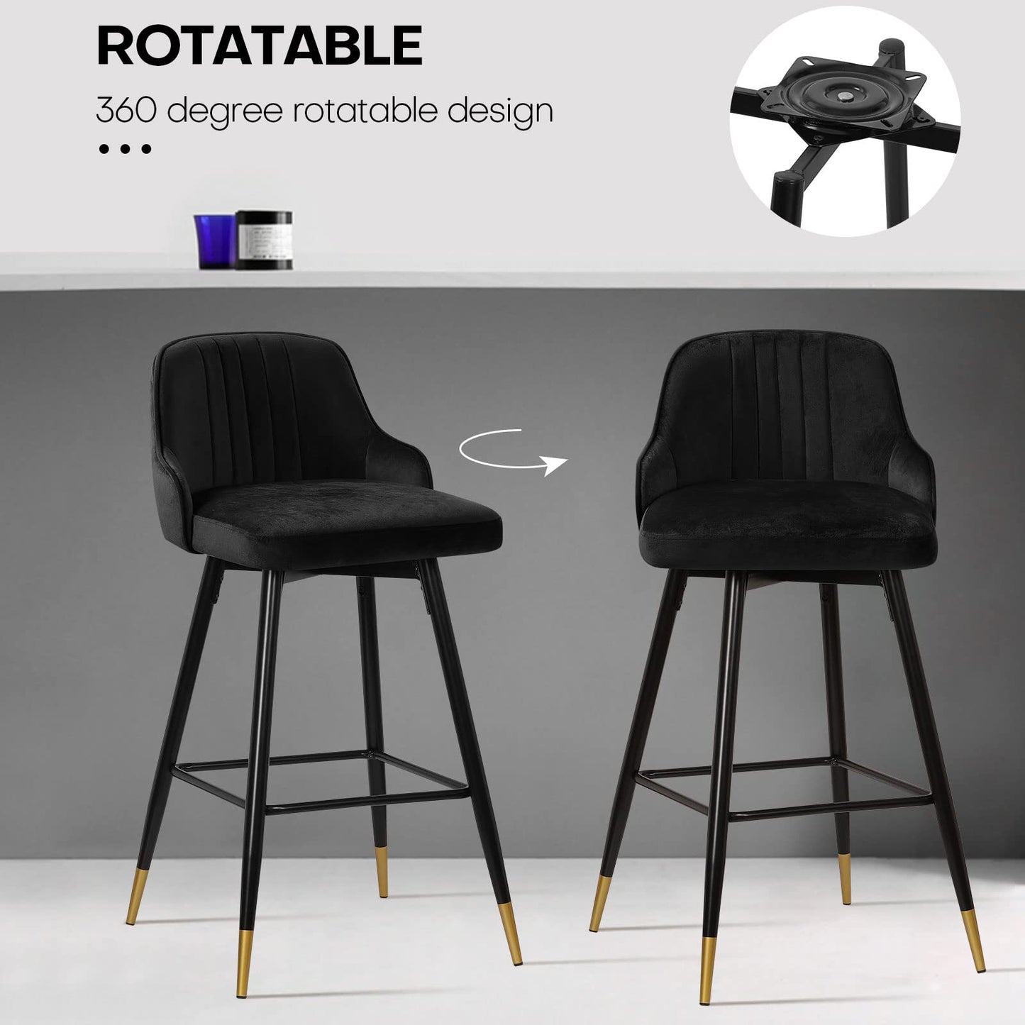 Bekrvio Upgraded Velvet Bar Stools Set of 2 – 360° Swivel Bar Chairs with Back & Footrest, Modern Kitchen Island Breakfast Stools, Support 150kg – New Version, Black