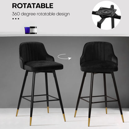 Bekrvio Upgraded Velvet Bar Stools Set of 2 – 360° Swivel Bar Chairs with Back & Footrest, Modern Kitchen Island Breakfast Stools, Support 150kg – New Version, Black