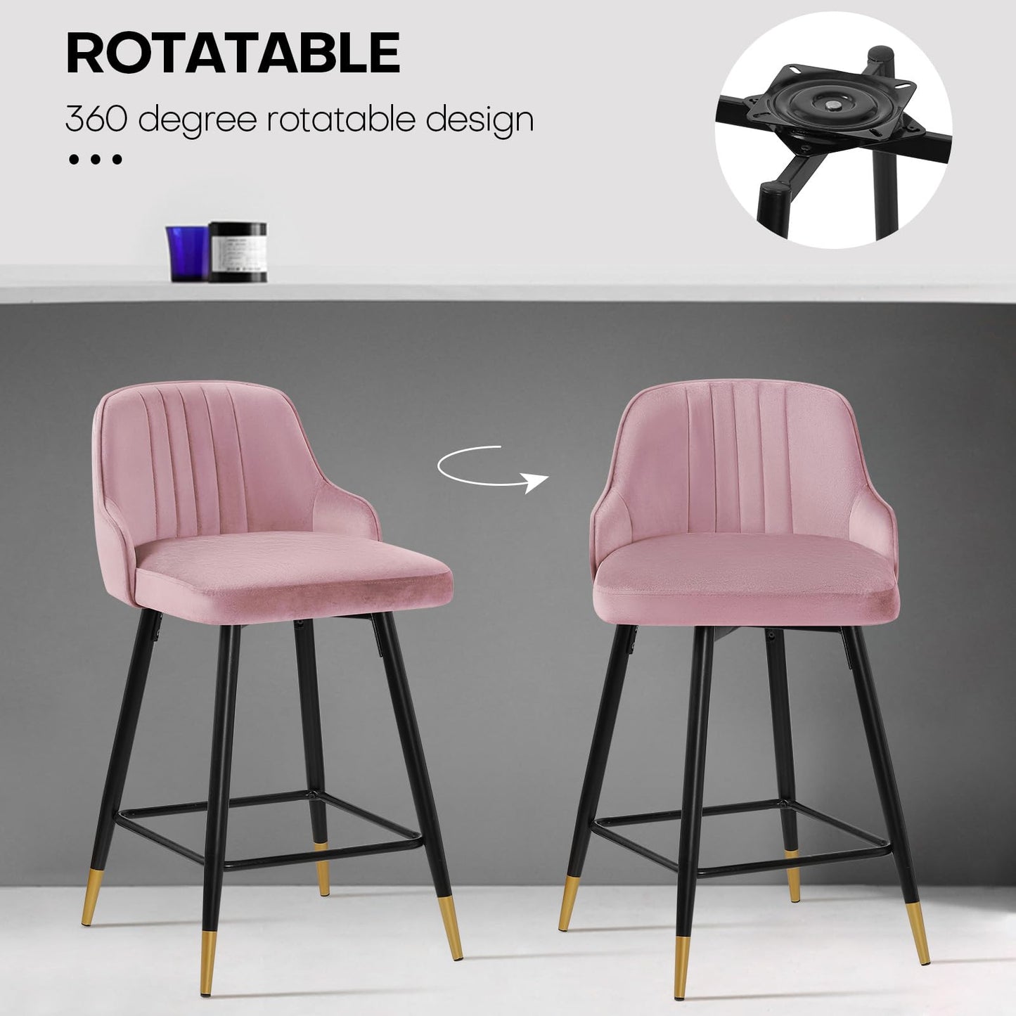 Bekrvio Upgraded Velvet Bar Stools Set of 2 – 360° Swivel Bar Chairs with Back & Footrest, Modern Kitchen Island Breakfast Stools, Support 150kg – New Version, Black