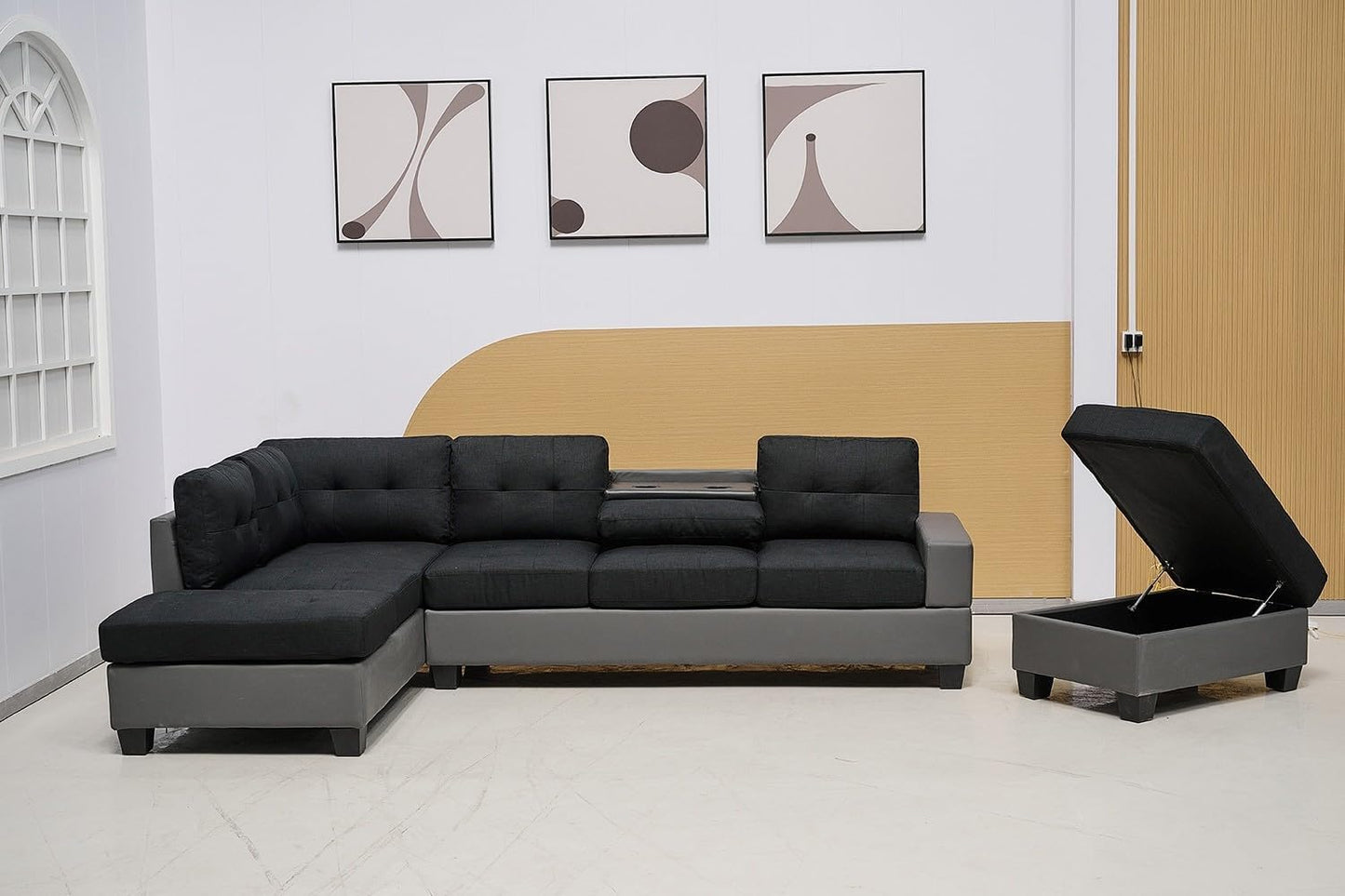 Western Grey Fabric Corner Sofa suite With Drop Down Cup Holder And Ottoman for livingrooms -Cheap sofas & couches-3020 (Grey Fabric, Right Hand Side)