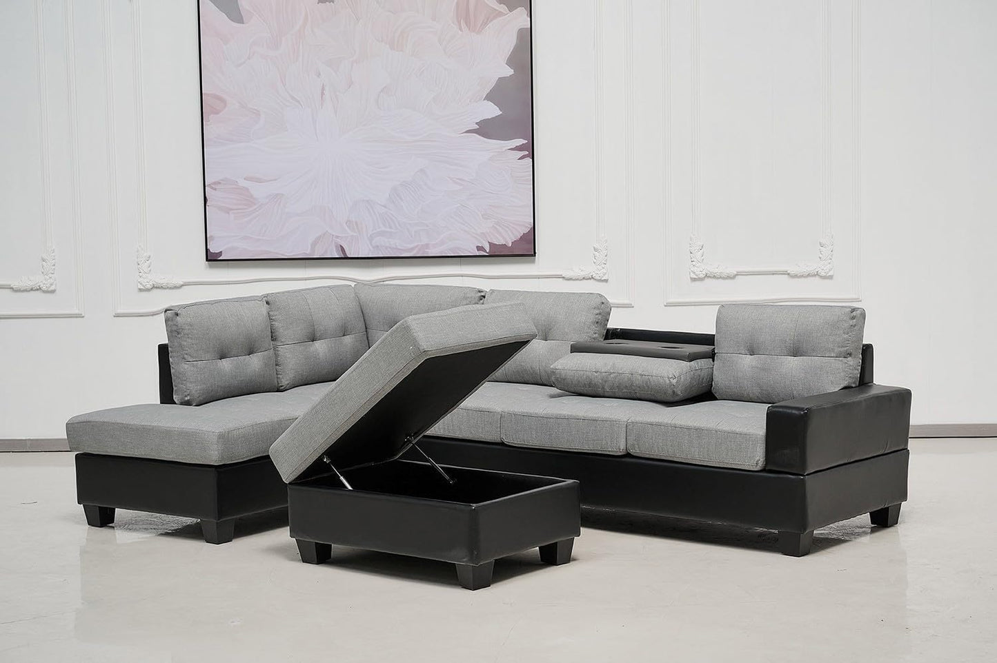 Western Grey Fabric Corner Sofa suite With Drop Down Cup Holder And Ottoman for livingrooms -Cheap sofas & couches-3020 (Grey Fabric, Right Hand Side)