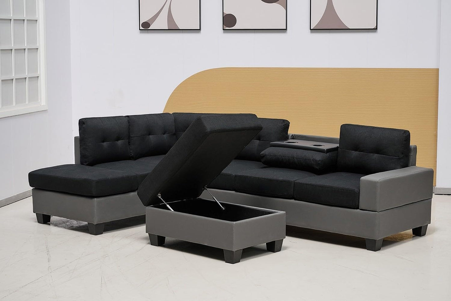 Western Grey Fabric Corner Sofa suite With Drop Down Cup Holder And Ottoman for livingrooms -Cheap sofas & couches-3020 (Grey Fabric, Right Hand Side)